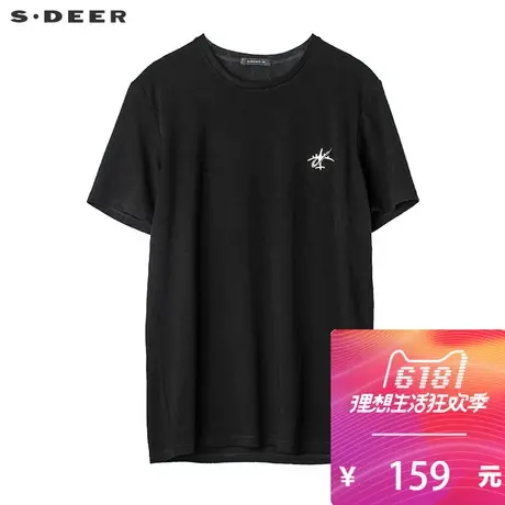 sdeerhe圣迪奥2019夏装男装短袖T恤休闲圆领黑色刺绣H18670159图片