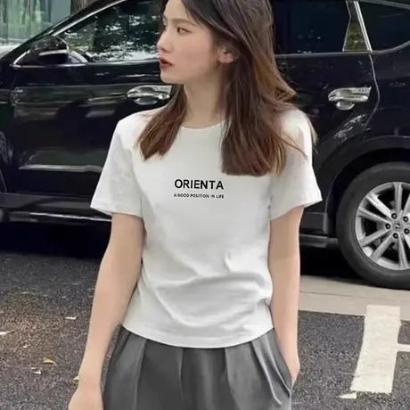 字母短款印花黑色T恤短袖女夏季韩版百搭休闲显瘦宽松大版半袖衣商品大图