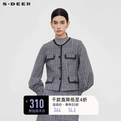 sdeer圣迪奥女装小香风套装圆领格纹泡泡袖外套S23462204图片