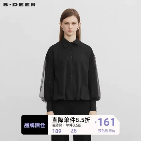 sdeer圣迪奥女装翻领网纱不规则泡泡袖衬衫S23160502图片