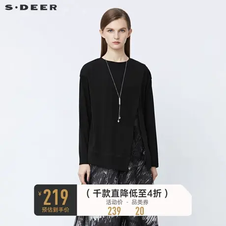 sdeer圣迪奥冬装圆领拼接蕾丝开衩不规则长袖T恤S21480217图片