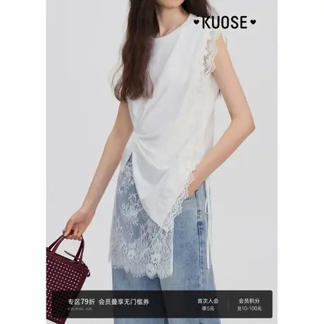 阔色白色设计感蕾丝花边短袖T恤女2025夏季新款小飞袖收腰上衣图片