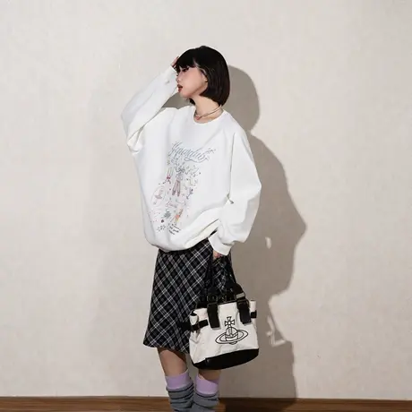 YEP复古蝴蝶结印花卫衣女春秋新款插肩袖加厚宽松无帽上衣潮加绒商品大图