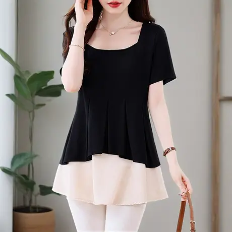 黑色方领短袖t恤女夏季新款时尚气质小衫妈妈宽松遮肚子裙摆上衣商品大图