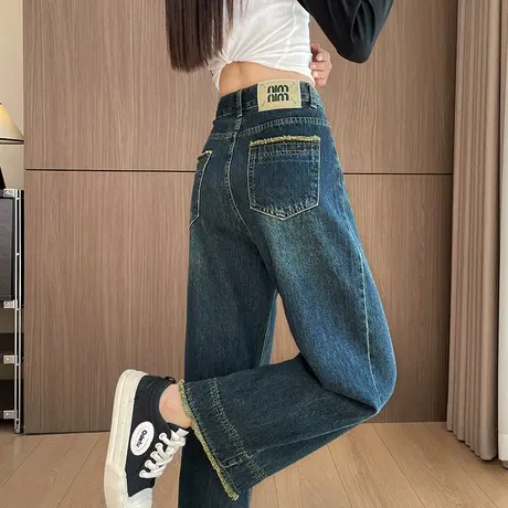 复古毛边阔腿牛仔裤女2025春秋新款高腰宽松显瘦小个子做旧直筒裤商品大图