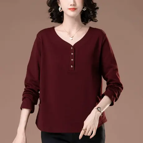 长袖t恤女春秋新款大码女装宽松中老年妈妈纯色V领外穿显瘦打底衫图片