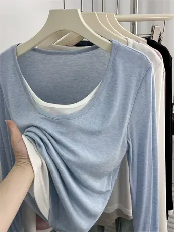 假两件莱赛尔天丝柔软薄款长袖t恤女小个子短款夏u领锁骨修身上衣商品大图