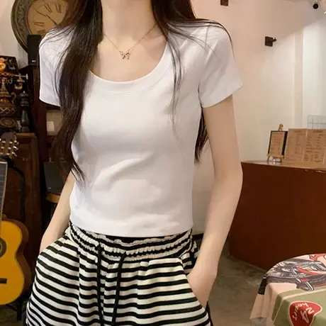 辣妹U领正肩短袖T恤女2025夏季新款修身韩版短款小个子半袖上衣潮图片