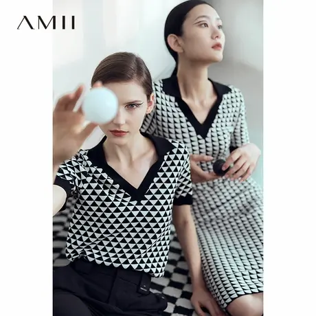Amii2025夏极简撞色三角形提花翻领V领短袖双曲针织毛针织衫女图片