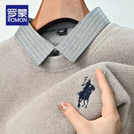 罗蒙男士假两件毛衣衬衫领秋冬季打底针织衫线衣加厚保暖商务上衣图片