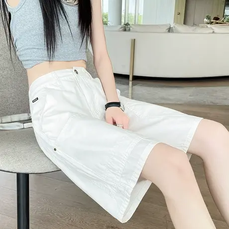 白色五分牛仔短裤女夏季薄款高腰直筒宽松百搭小个子a字阔腿中裤商品大图