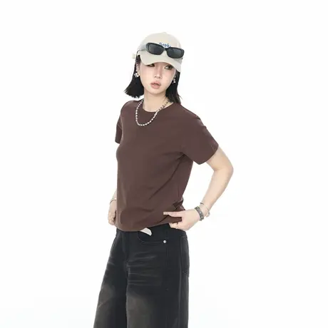 2025夏季新款正肩修身纯色短款短袖T恤女美式ins辣妹风半袖上衣图片