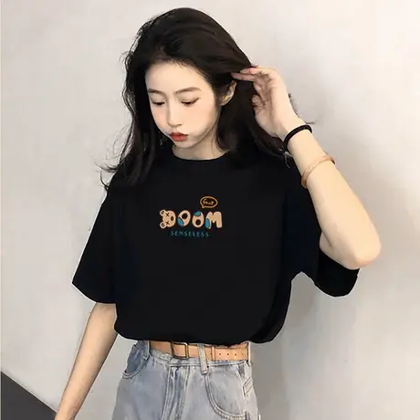 欧货黑色短袖t恤女2025夏季新款宽松显瘦气质别致上衣体恤ins潮商品大图
