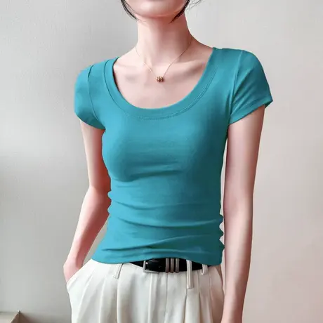 大圆领短袖T恤女2025春夏新款棉露锁骨性感修身掐腰显瘦纯色上衣商品大图