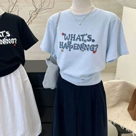 宽松正肩夏季纽扣小众设计圆领女打底衫上衣小个子新款短袖t恤女图片