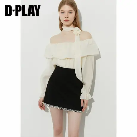 DPLAY2025年夏季新款白色衬衫女浅色休闲独特露肩衬衣一字肩上衣图片