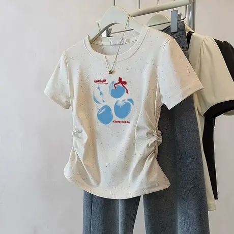 彩虹波点褶皱收腰短款t恤女夏季新款甜妹风洋气短袖小众正肩上衣商品大图