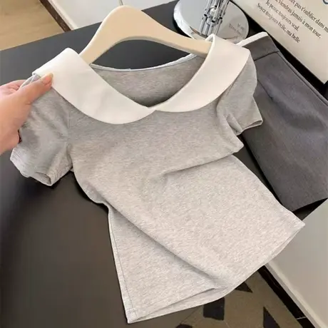 娃娃领撞色短袖T恤女夏季修身韩版设计感小众chic别致辣妹上衣潮图片