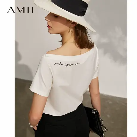 Amii设计感白色T恤2025夏季新款锁骨一字领露肩修身短袖上衣女商品大图