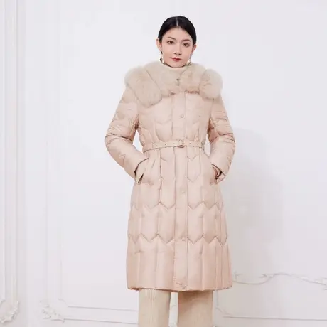 希区瑞普轻盈豪华狐狸毛领保暖腰带女超大收腰中长款羽绒服商品大图