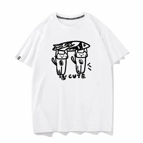 秀洛恶搞双猫举鱼夏季短袖T恤情侣装衣服打底衫圆领ins纯棉半袖衫商品大图