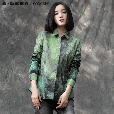sdeer圣迪奥女2017冬装皲裂质感的抽象印染长袖衬衫S15480528图片