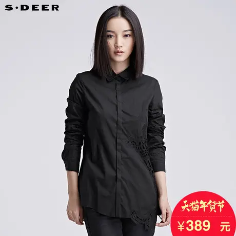 sdeer圣迪奥女装2018冬装镂空绣花黑色长袖衬衫衬衣S16480509图片