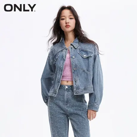 ONLY奥莱夏季简约宽松落肩翻领长袖短款牛仔外套女商品大图