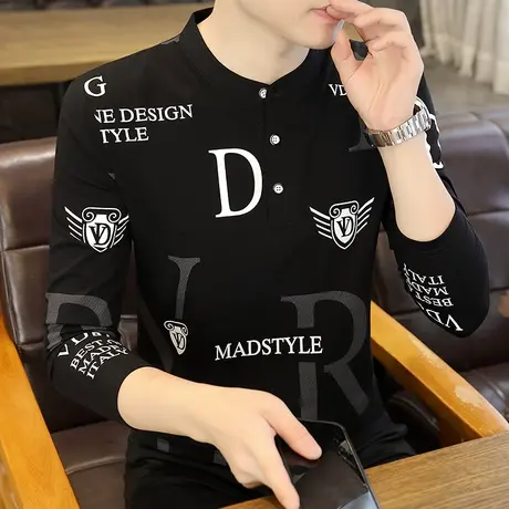 纯棉立领长袖t恤男装青年潮流休闲时尚修身大码打底衫秋衣服体恤商品大图