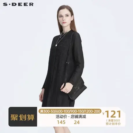 sdeer圣迪奥休闲复古暗门襟绣花棉麻长款黑色衬衫S19380501图片