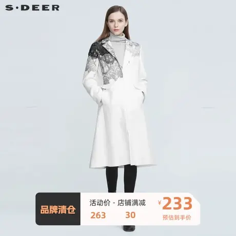 sdeer圣迪奥女装休闲平驳领蕾丝拼接毛呢大衣女外套S20481848图片