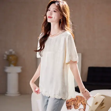 宝诗黎圆领钉珠提花短袖雪纺衫2025夏季气质高级感简约新中式小衫图片