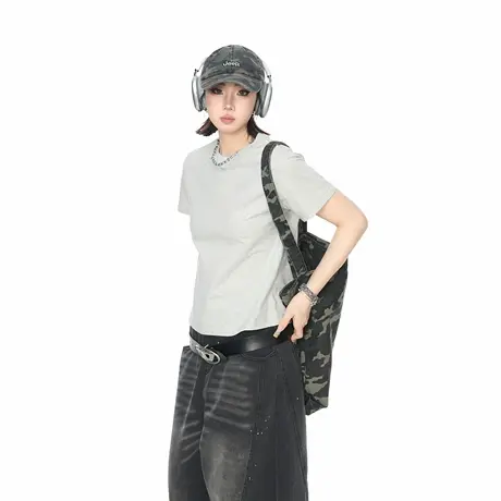 2025夏季新款正肩短袖T恤女纯色美式复古辣妹风修身短款半袖上衣图片