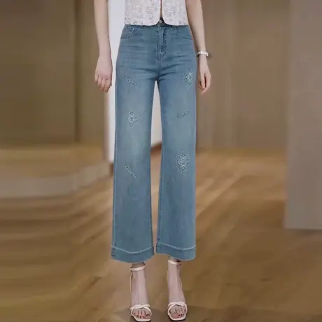 刺绣磨白八分休闲牛仔裤女垂感高腰显瘦窄版九分直筒裤宽松阔腿裤商品大图