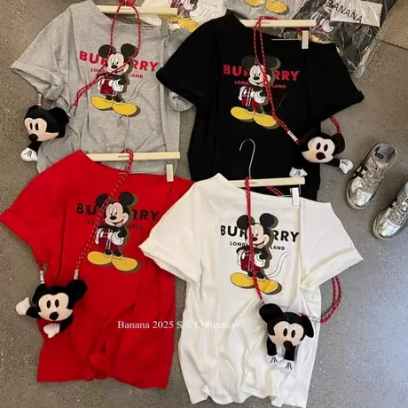 韩国东大门夏季新款卡通米奇印花斜领露肩短袖T恤女宽松洋气上衣商品大图