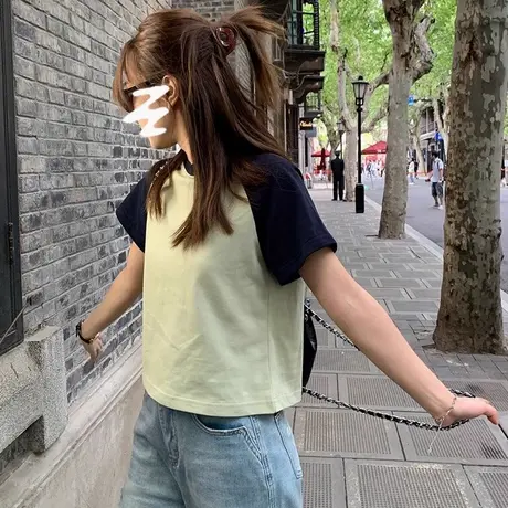 甜辣妹短款拼色插肩短袖T恤女夏季修身内搭打底小衫纯棉半袖上衣图片