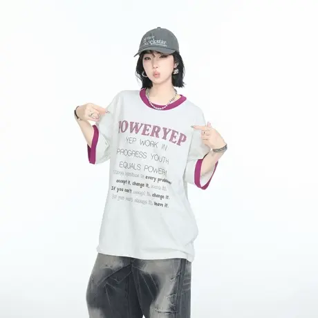 美式街头风宽松撞色字母印花短袖T恤女2025夏季新款情侣半袖上衣图片