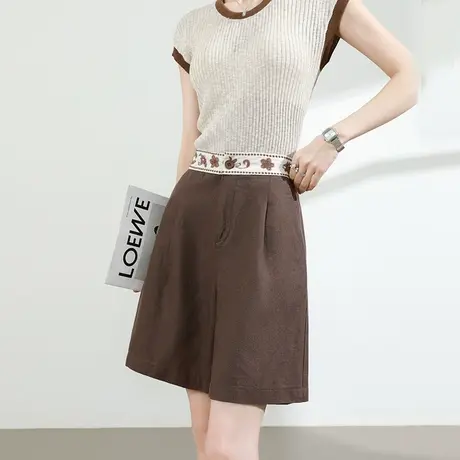 刺绣莱赛尔天丝亚麻短裤女夏季薄款高腰宽松休闲A字阔腿五分裤子商品大图