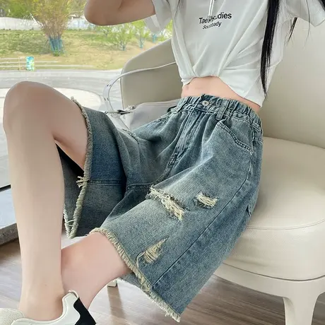 蓝色破洞五分牛仔短裤女夏季薄款复古高腰宽松显瘦阔腿直筒中裤子图片