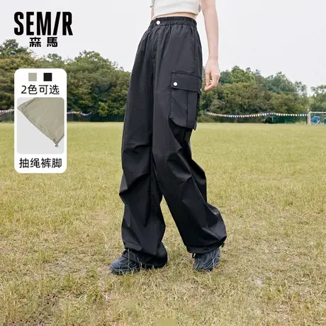 森马休闲裤女秋季纯色黑色质感宽松阔腿裤抽绳松紧腰帅气工装裤潮商品大图
