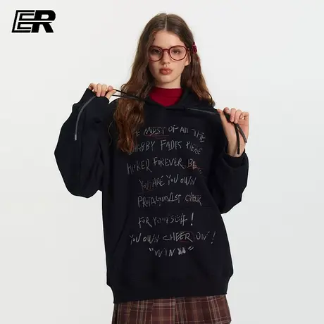 ER手写文字卫衣男2025秋冬街头潮牌帽衫美式高街连帽情侣运动外套图片