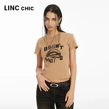 LINCCHIC金羽杰短袖上衣摩登复古截短正肩修身T恤女S241TS126Y商品大图