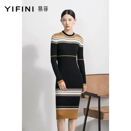 Yifini/易菲长袖圆领修身毛织连衣裙女春秋新款中长款针织裙图片