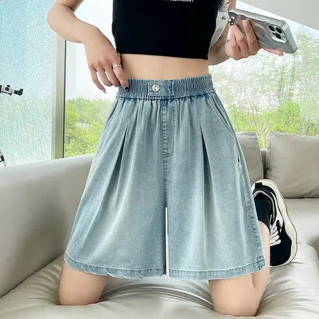 天丝牛仔短裤女夏季薄款高腰显瘦宽松遮胯冰丝小个子五分阔腿中裤商品大图
