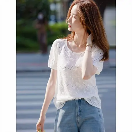 时尚气质短袖T衬衫2025年夏季新款女休闲镂空套头简约大气上衣商品大图