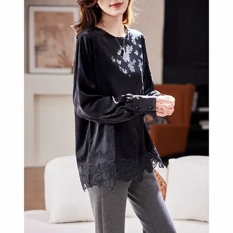 宝诗黎圆领宽松提花雪纺衫2025春季气质慵懒百搭休闲长袖衬衣女商品大图