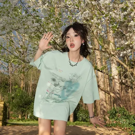 YEP清新薄荷曼波印花短袖t恤女夏季新款纯棉情侣半袖宽松百搭上衣图片