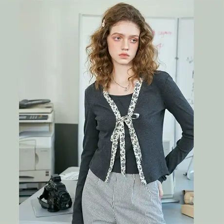 a02假两件优雅精致文艺风针织上衣2025春季休闲长袖女式外套商品大图