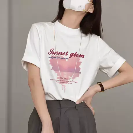 夏季棉质短袖t恤女设计感小众百搭减龄宽松正肩宽松半高领上衣服商品大图