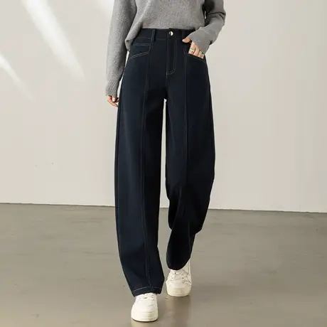 藏青色毛呢阔腿裤女秋冬新款高腰小个子裤子香蕉镰刀裤休闲弯刀裤商品大图